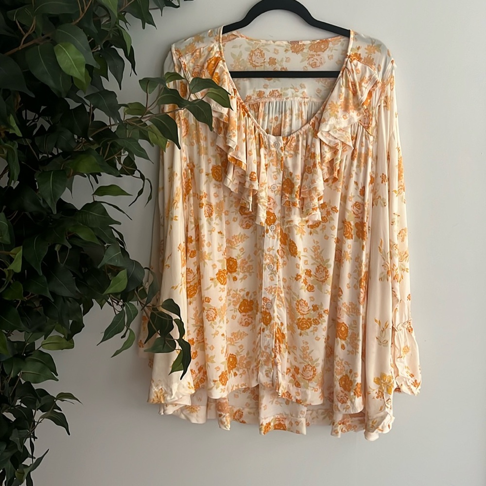 Free people loretta printed oversized tunic in tea combo orange & white  xs B17 - Picture 5 of 11